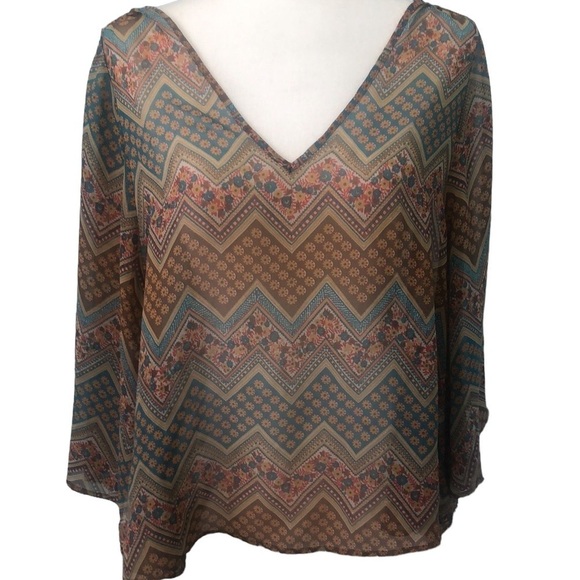 ZOA by Anthropologie Semi Sheer Bat Wing V Neck Multi Print Blouse Poncho Medium - Picture 1 of 9